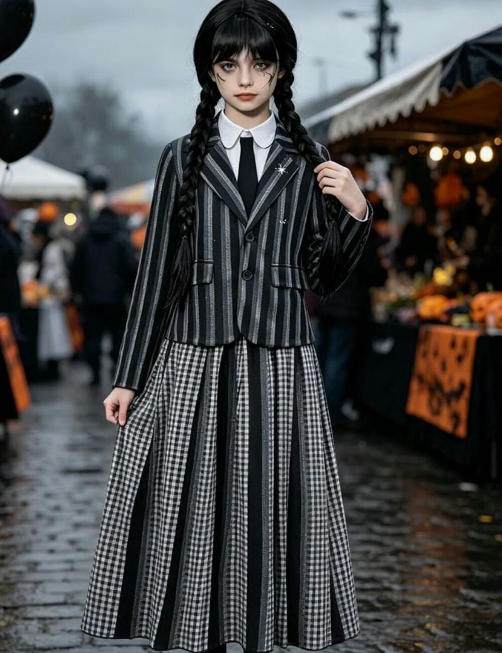 Girls Gothic Halloween Costume 5 Piece Black Gray Striped Size 5-6 Wednesday Sty